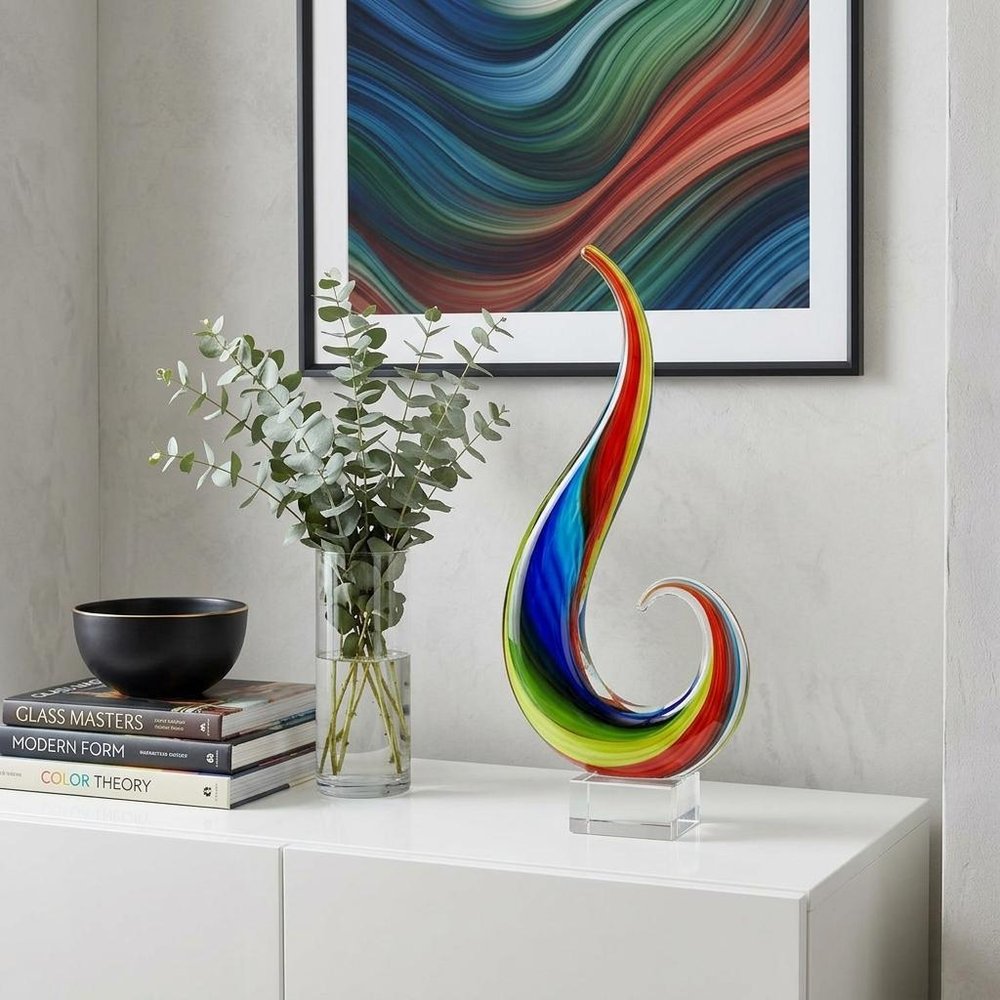 12" Clear Red Blue Yellow Murano Glass Modern Abstract Tabletop Sculpture HomeRoots