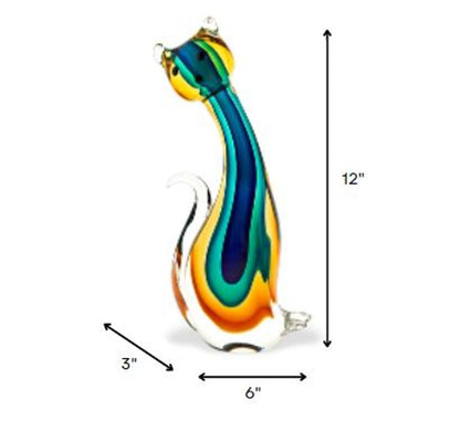 12" Clear Yellow Green Black Murano Glass Cat Figurine Tabletop Sculpture HomeRoots