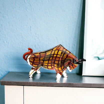9" Clear Brown and Black Murano Glass Bull Figurine Tabletop Sculpture HomeRoots