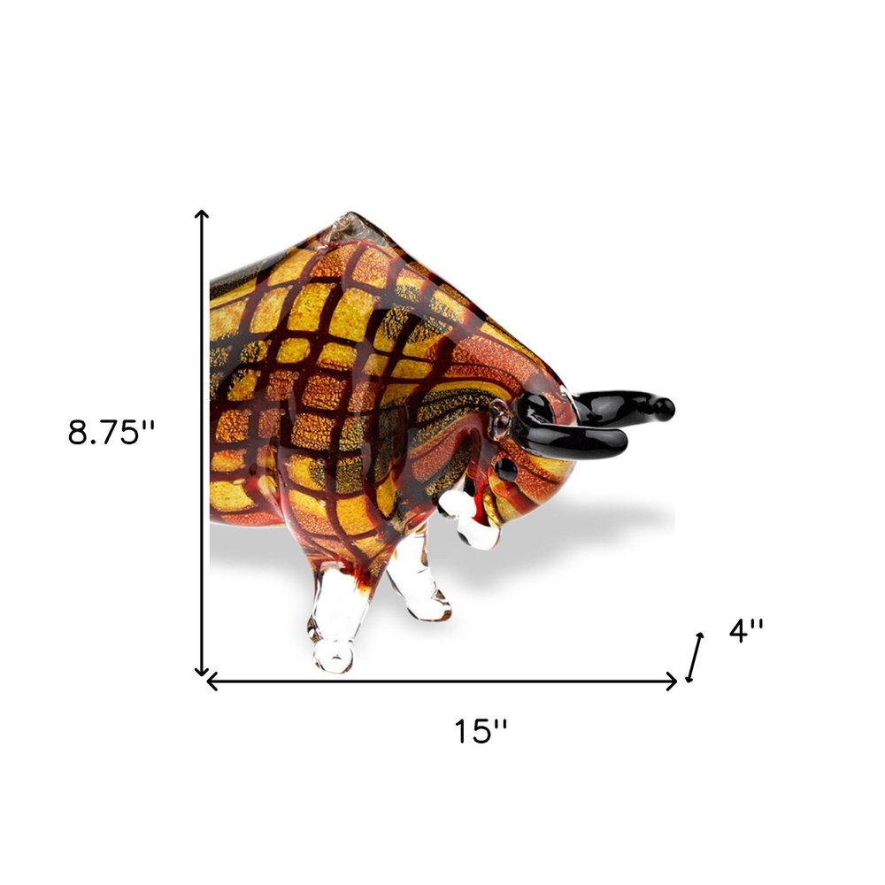 9" Clear Brown and Black Murano Glass Bull Figurine Tabletop Sculpture HomeRoots