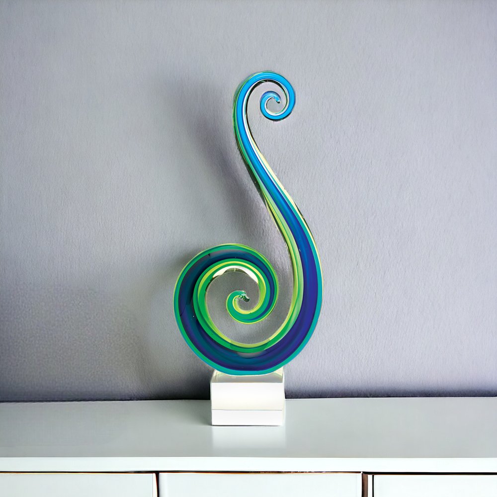 16" Blue and Green Murano Glass Modern Abstract Tabletop Sculpture HomeRoots
