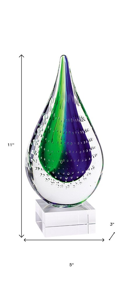 11" Clear Blue and Green Murano Glass Modern Abstract Tabletop Sculpture HomeRoots