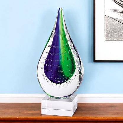 11" Clear Blue and Green Murano Glass Modern Abstract Tabletop Sculpture HomeRoots