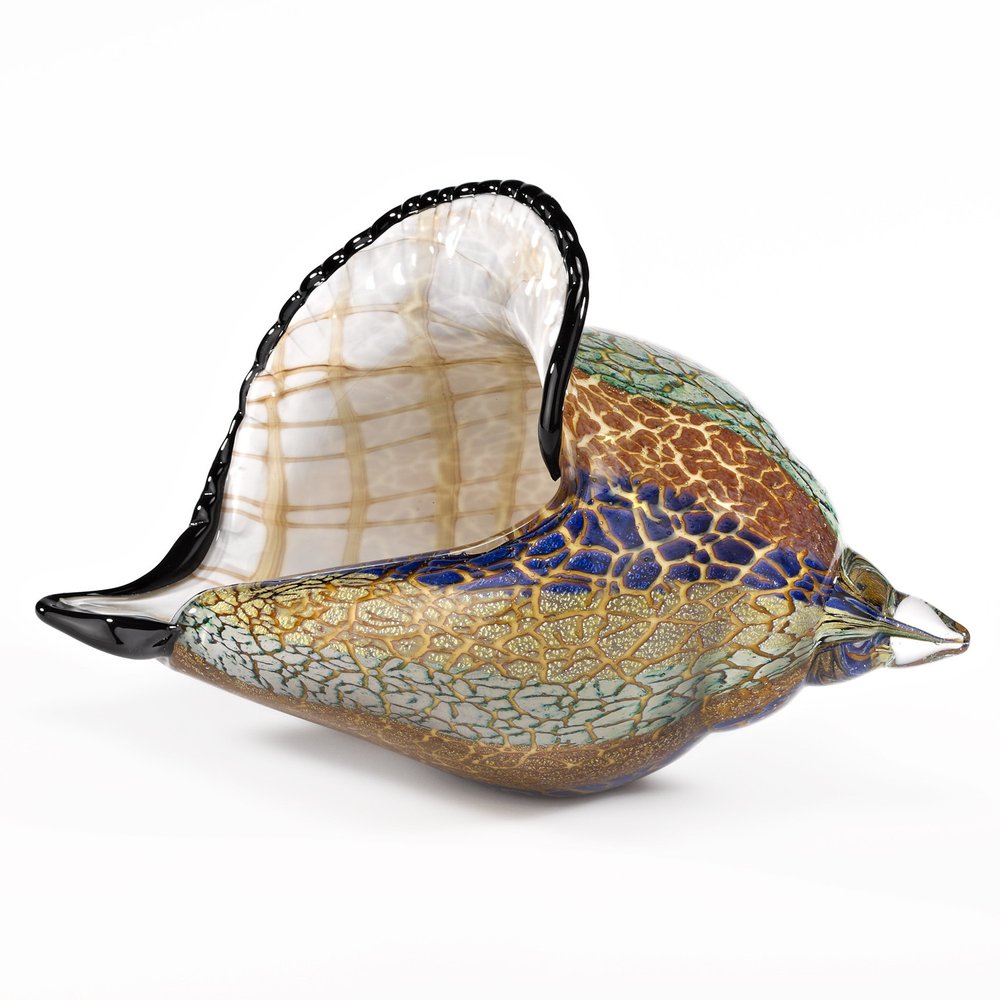10" Gold Blue Green White Murano Glass Conch Shell Tabletop Sculpture HomeRoots