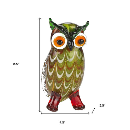 9" Green and White Murano Glass Owl Figurine Tabletop Sculpture HomeRoots