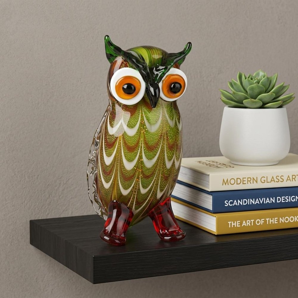 9" Green and White Murano Glass Owl Figurine Tabletop Sculpture HomeRoots