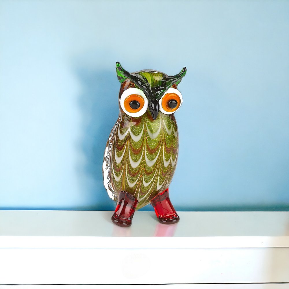 9" Green and White Murano Glass Owl Figurine Tabletop Sculpture HomeRoots
