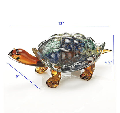 7" Clear Brown and Green Murano Glass Turtle Figurine Tabletop Sculpture