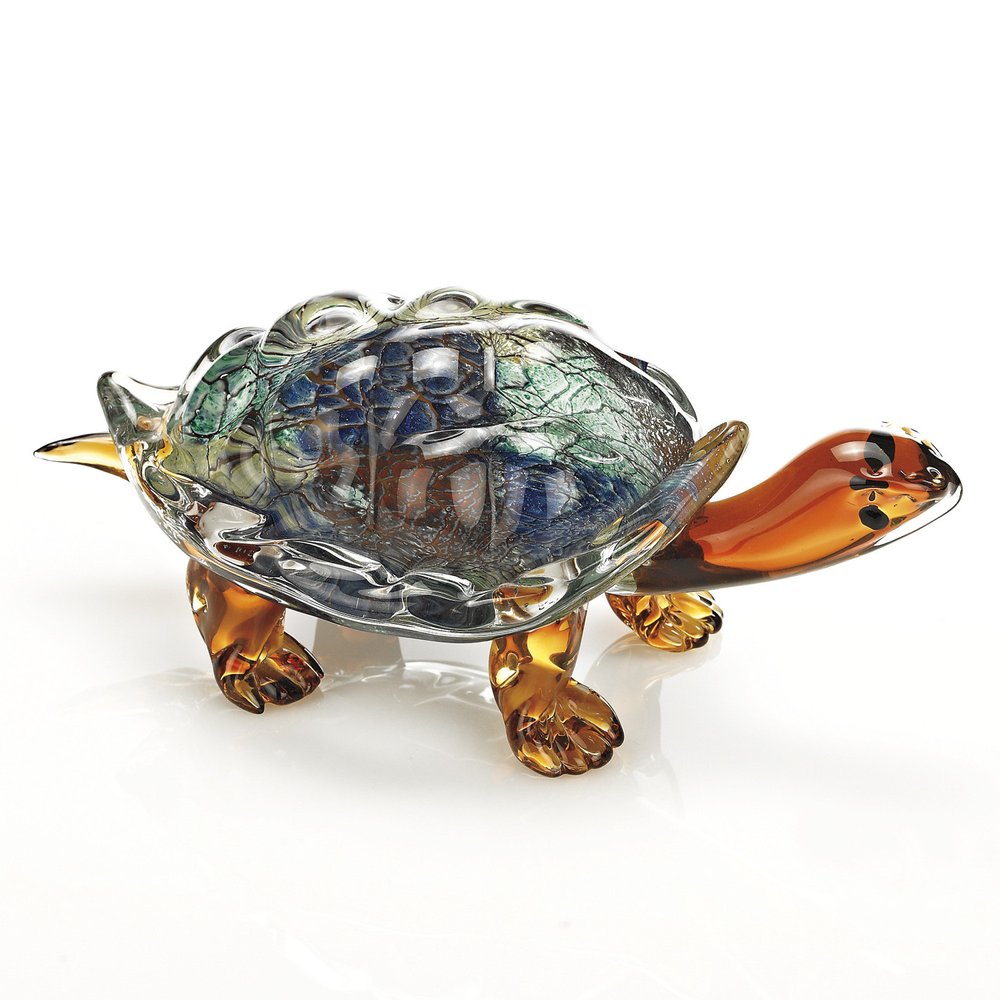 7" Clear Brown and Green Murano Glass Turtle Figurine Tabletop Sculpture HomeRoots