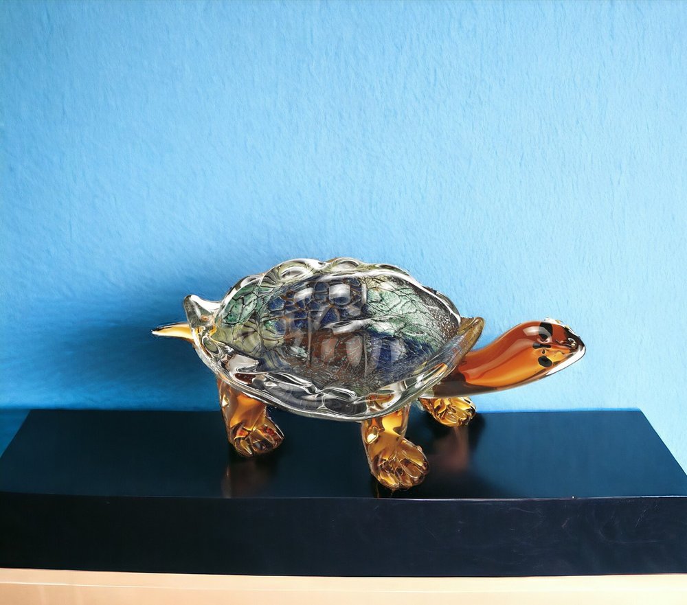 7" Clear Brown and Green Murano Glass Turtle Figurine Tabletop Sculpture HomeRoots