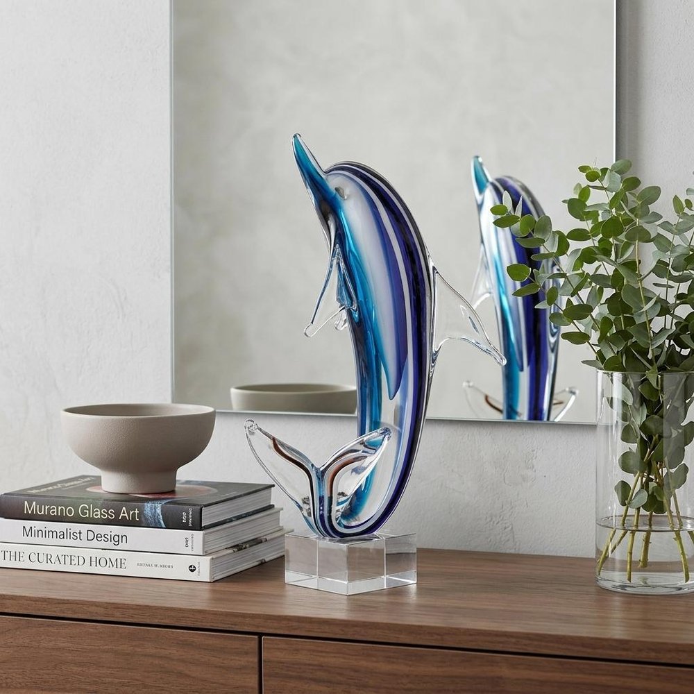 14" Blue Murano Glass Dolphin Figurine Tabletop Sculpture HomeRoots