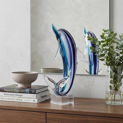 14" Blue Murano Glass Dolphin Figurine Tabletop Sculpture HomeRoots