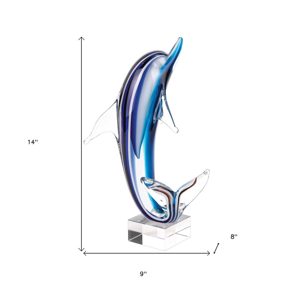 14" Blue Murano Glass Dolphin Figurine Tabletop Sculpture HomeRoots
