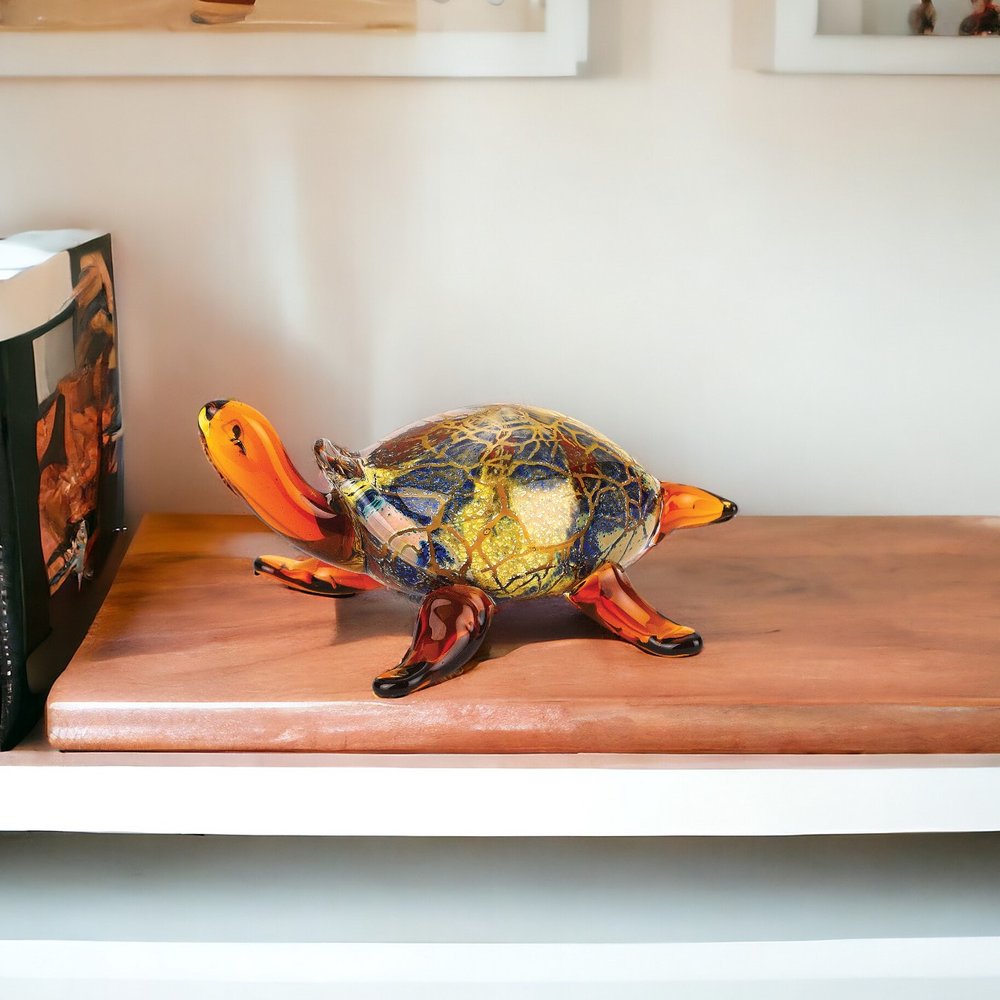4" Clear Brown and Green Murano Glass Turtle Figurine Tabletop Sculpture HomeRoots