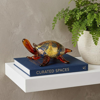 4" Clear Brown and Green Murano Glass Turtle Figurine Tabletop Sculpture HomeRoots