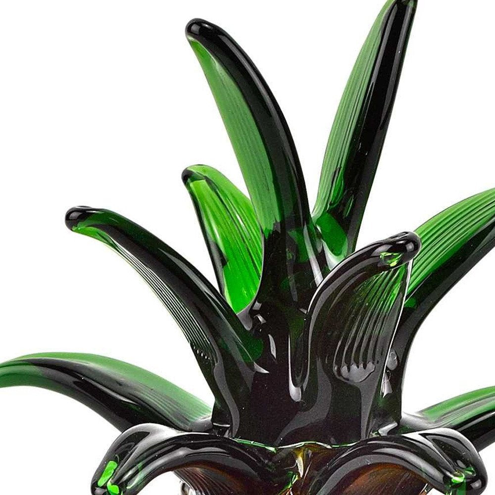 9" Amber And Green Mouth Blown Art Glass Pineapple Sculpture HomeRoots