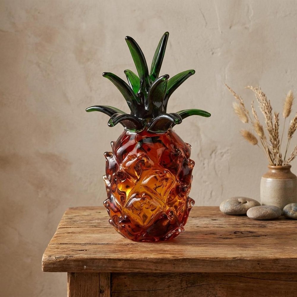 9" Amber And Green Mouth Blown Art Glass Pineapple Sculpture HomeRoots