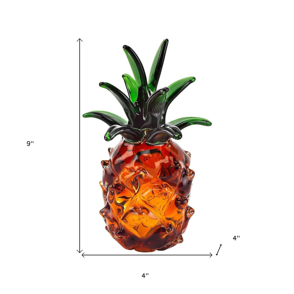 9" Amber And Green Mouth Blown Art Glass Pineapple Sculpture HomeRoots