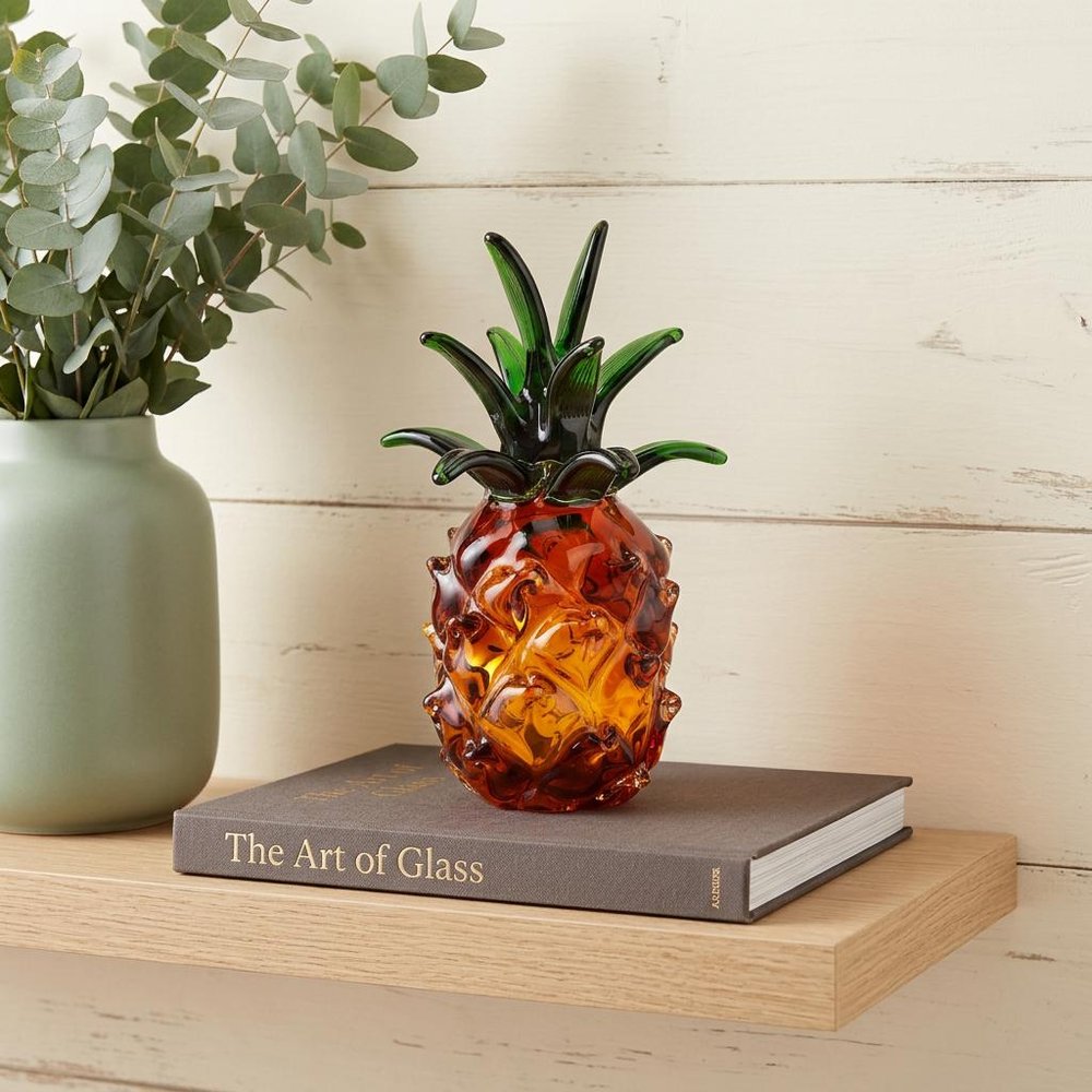 9" Amber And Green Mouth Blown Art Glass Pineapple Sculpture HomeRoots