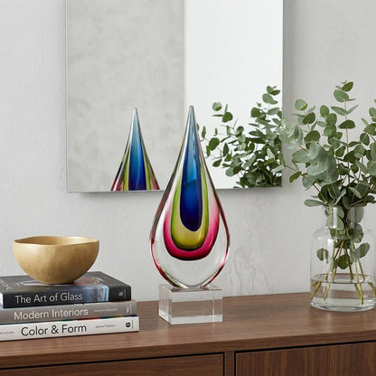 12" Clear Red Blue Yellow Murano Glass Modern Abstract Tabletop Sculpture HomeRoots