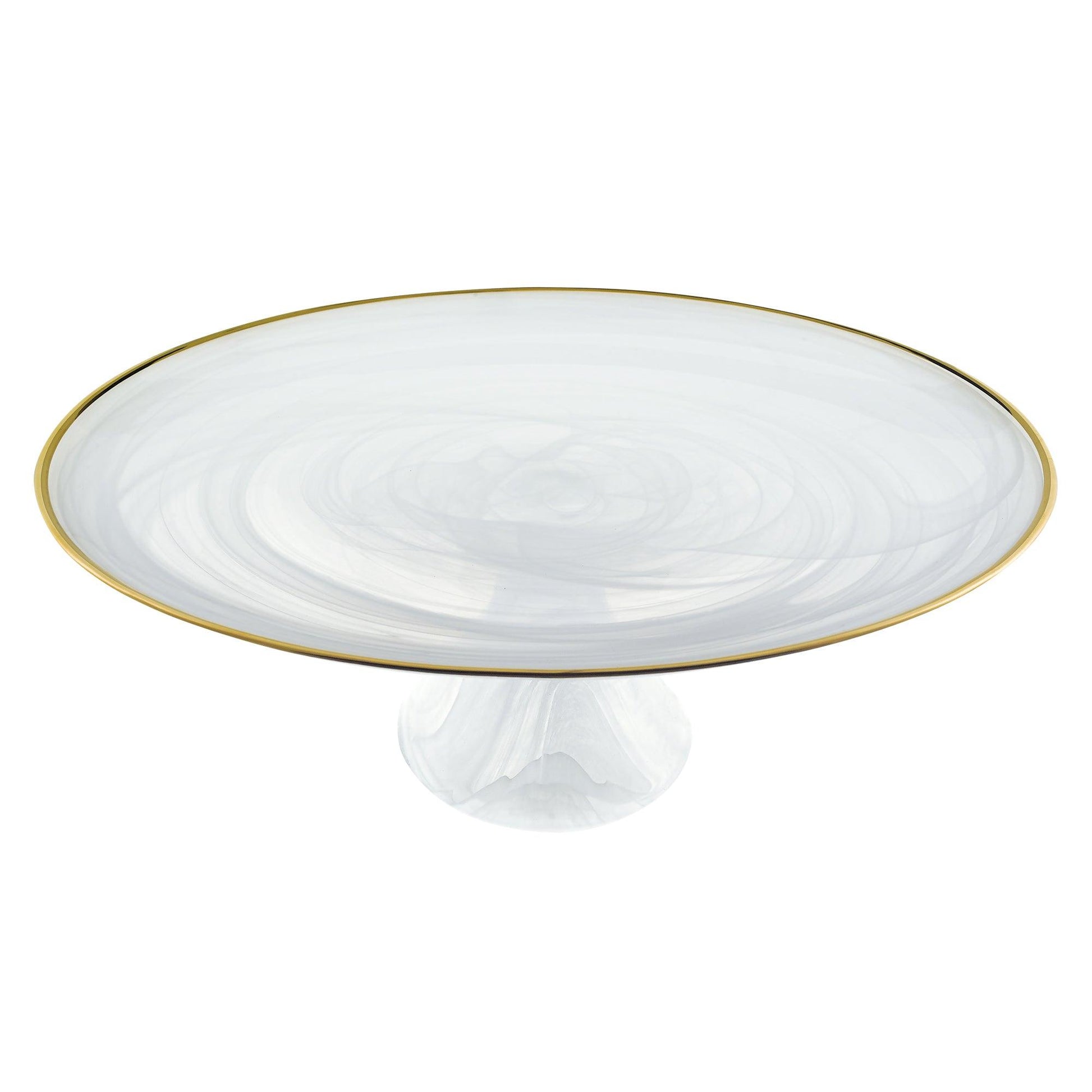 Handcrafted Optical Glass And White Gold Footed Cakestand With Gold Rim - FurniFindUSA