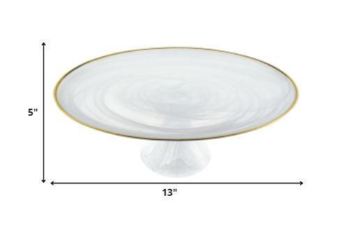 Handcrafted Optical Glass And White Gold Footed Cakestand With Gold Rim - FurniFindUSA