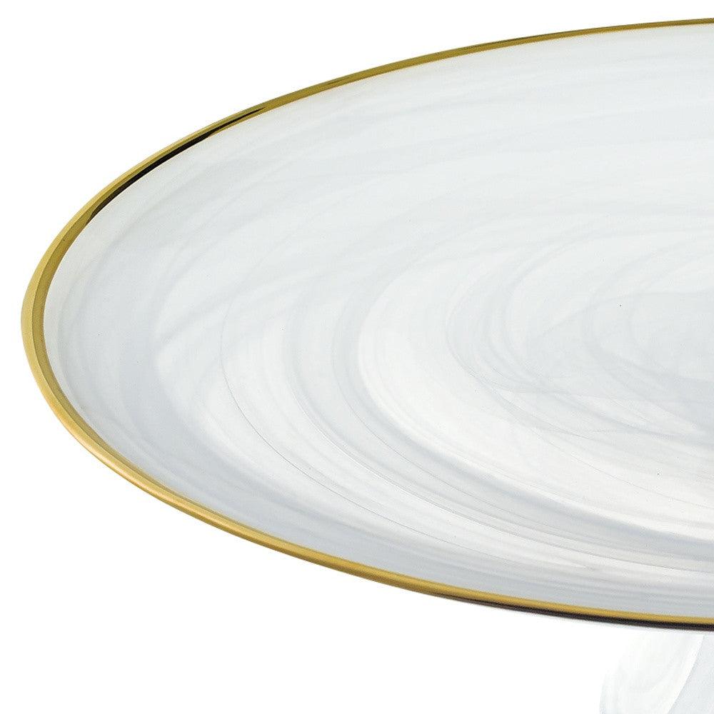 Handcrafted Optical Glass And White Gold Footed Cakestand With Gold Rim - FurniFindUSA