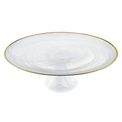 Handcrafted Optical Glass And White Gold Footed Cakestand With Gold Rim - FurniFindUSA