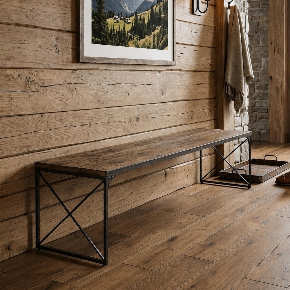 66" Brown And Black Iron and Solid Wood Bench — view 11