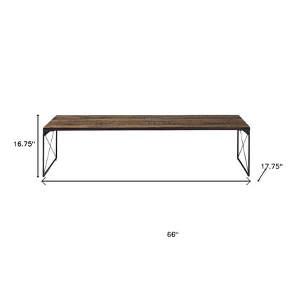 66" Brown And Black Iron and Solid Wood Bench
