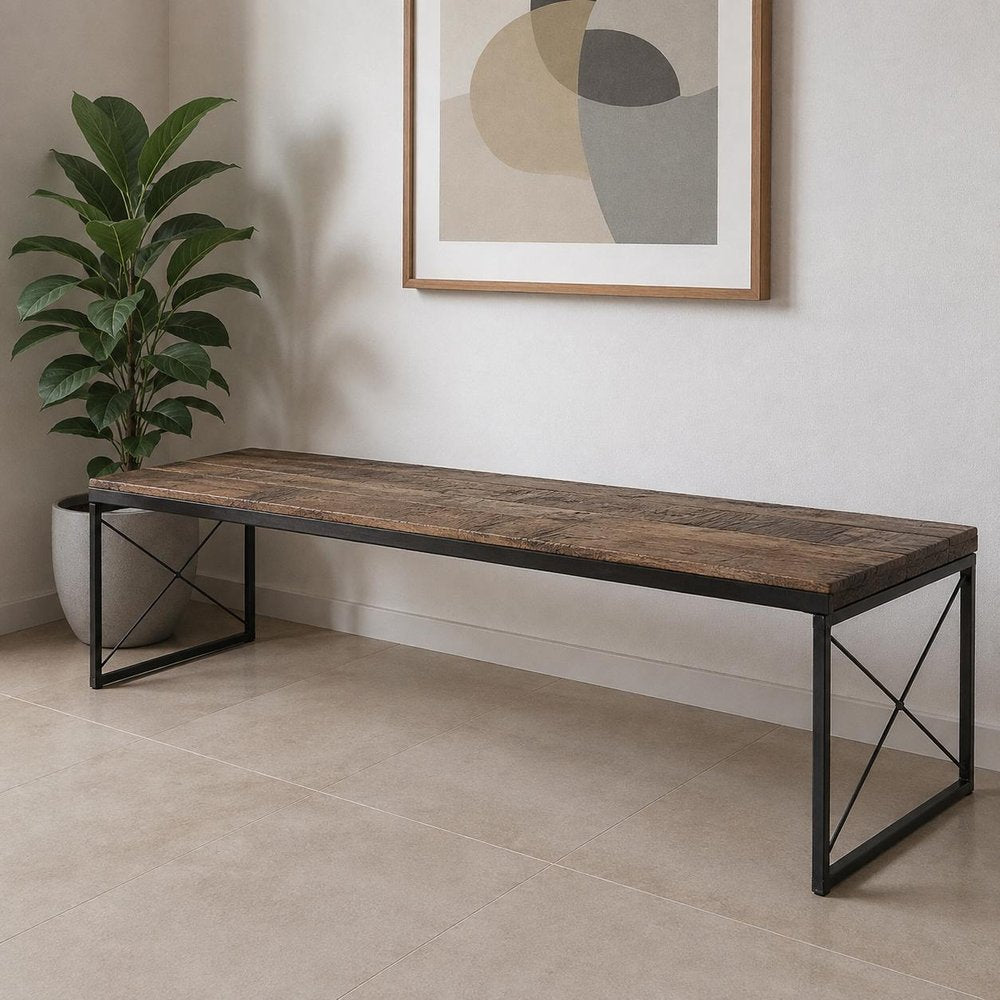 66" Brown And Black Iron and Solid Wood Bench — view 10