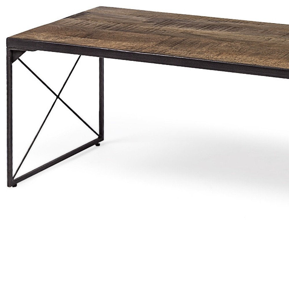 66" Brown And Black Iron and Solid Wood Bench