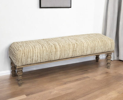 55" Cream and Wood Brown Upholstered Fabric Bench HomeRoots