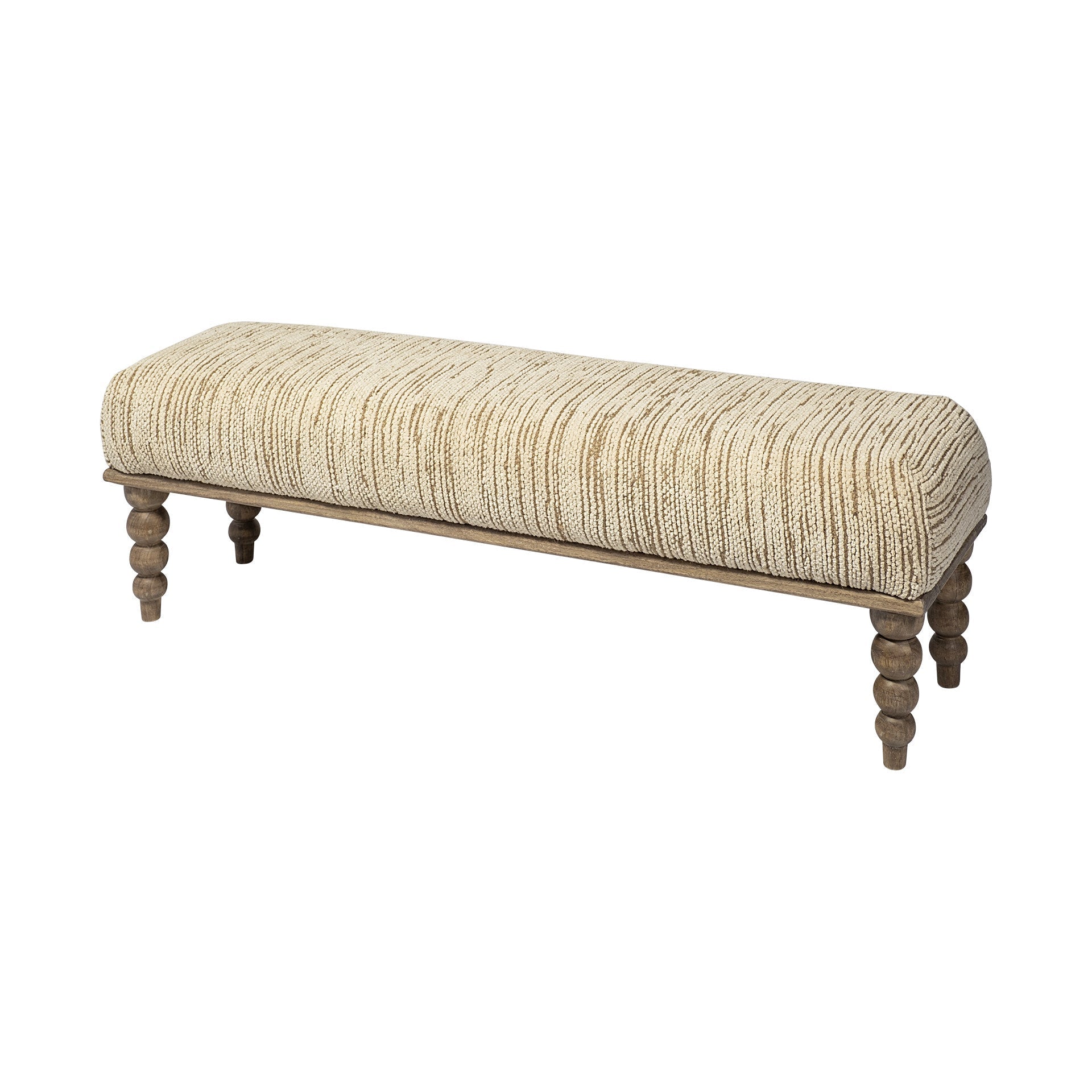 55" Cream and Wood Brown Upholstered Fabric Bench HomeRoots