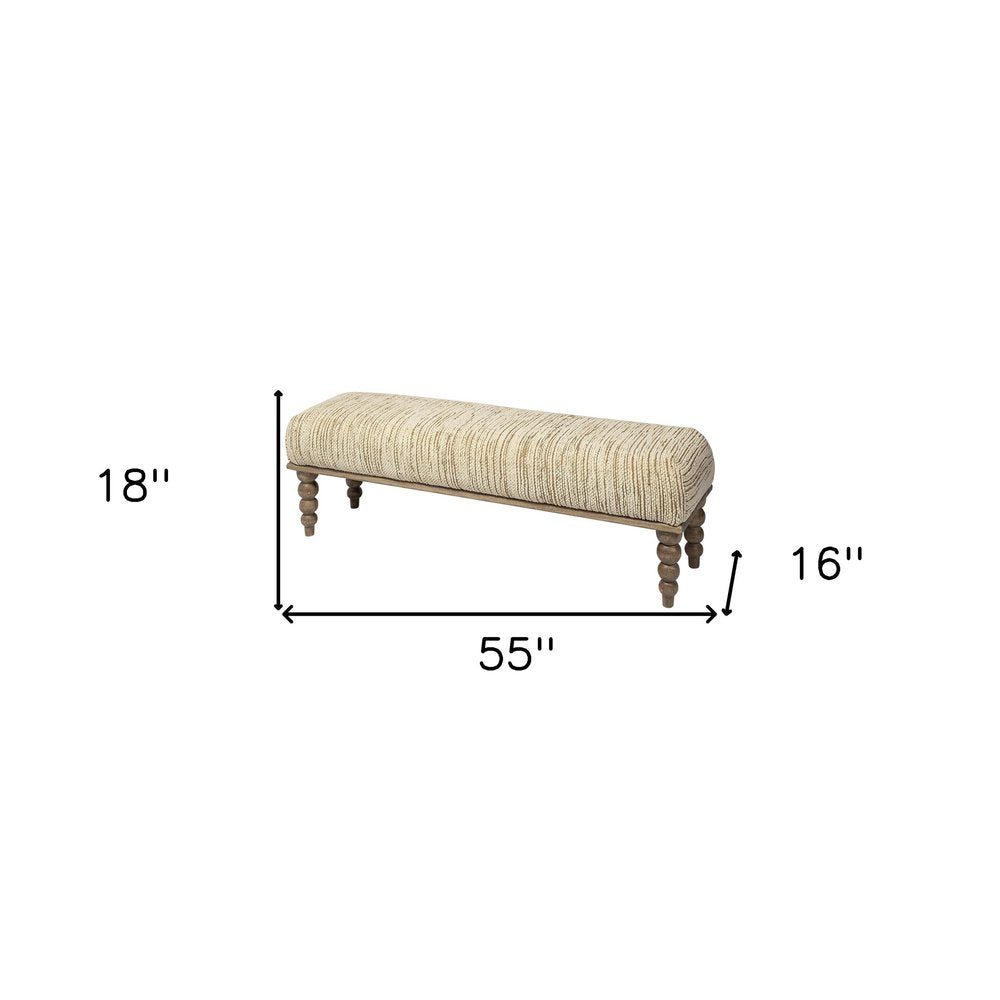 55" Cream and Wood Brown Upholstered Fabric Bench HomeRoots