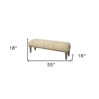 55" Cream and Wood Brown Upholstered Fabric Bench HomeRoots