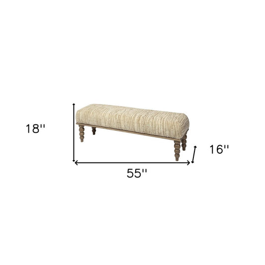 55" Cream and Wood Brown Upholstered Fabric Bench HomeRoots