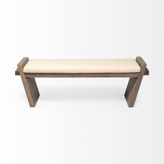 14" Cream and Brown Upholstered Linen Blend Bench HomeRoots