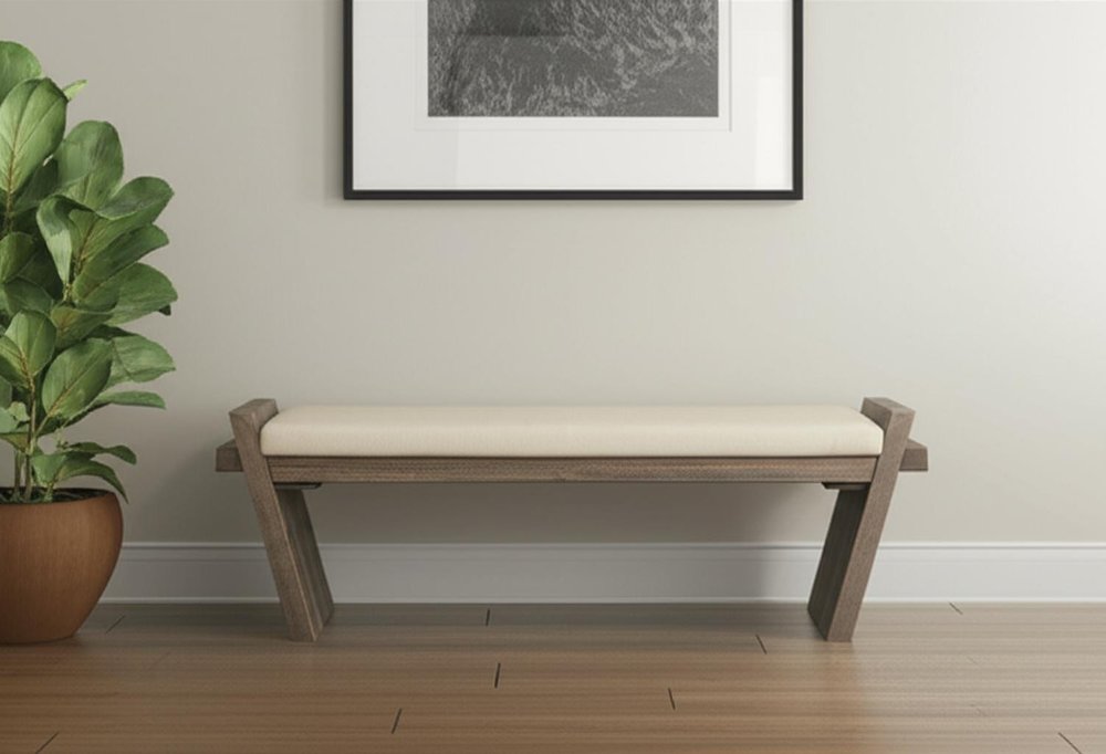 14" Cream and Brown Upholstered Linen Blend Bench HomeRoots