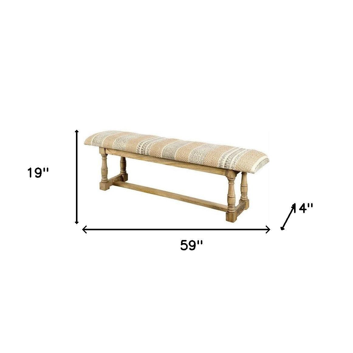 59" Orange and Ivory and Brown Upholstered Cotton Blend Trellis Bench - FurniFindUSA