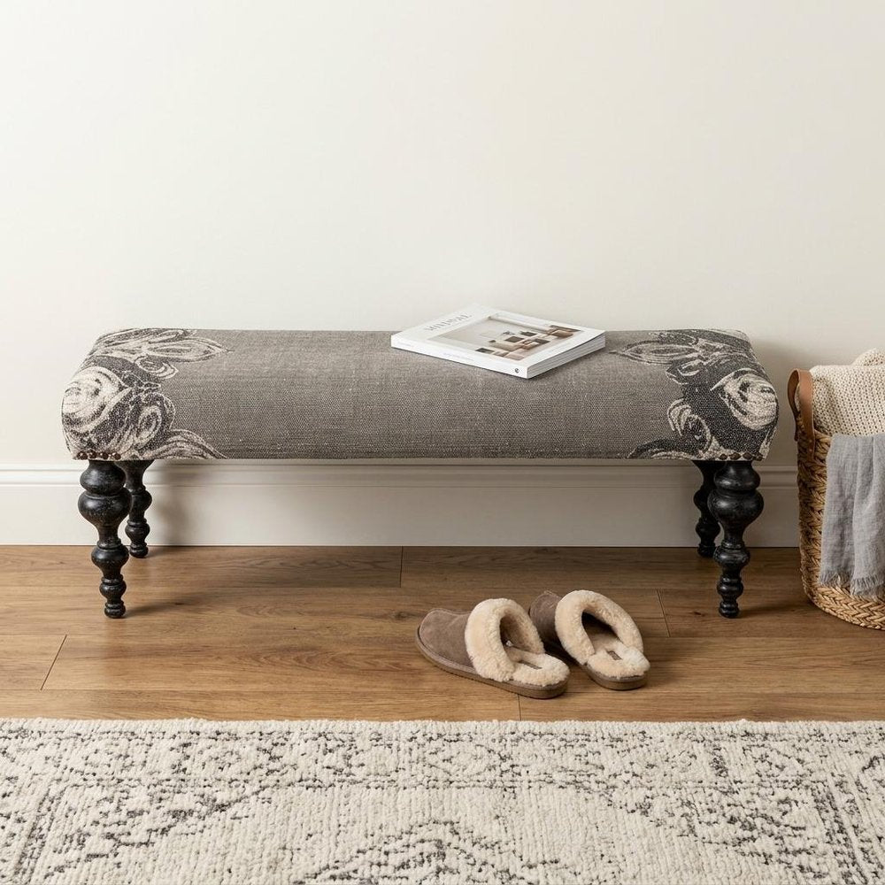 55" Gray and Black Upholstered Cotton Blend Floral Distressed Bench HomeRoots