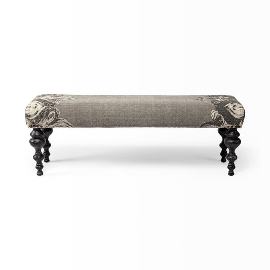 55" Gray and Black Upholstered Cotton Blend Floral Distressed Bench HomeRoots