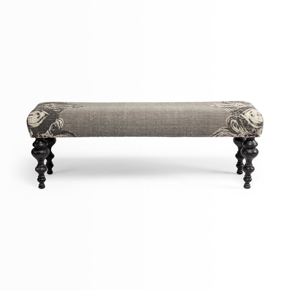 55" Gray and Black Upholstered Cotton Blend Floral Distressed Bench HomeRoots