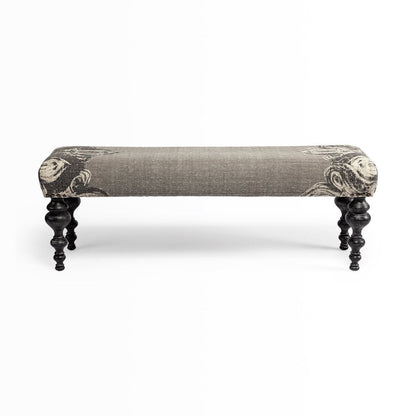 55" Gray and Black Upholstered Cotton Blend Floral Distressed Bench HomeRoots