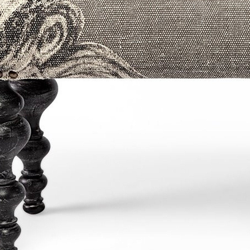 55" Gray and Black Upholstered Cotton Blend Floral Distressed Bench HomeRoots