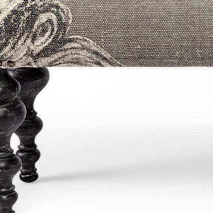 55" Gray and Black Upholstered Cotton Blend Floral Distressed Bench HomeRoots