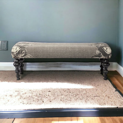 55" Gray and Black Upholstered Cotton Blend Floral Distressed Bench HomeRoots