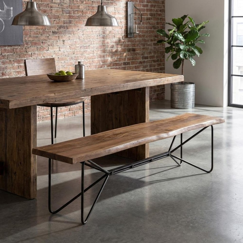 66" Brown And Black Iron Distressed and Solid Wood Live Edge Dining Bench — view 7