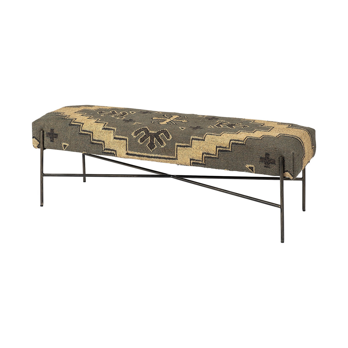 55" Green Brown and Black Upholstered Abstract Cotton Blend Bench — view 1