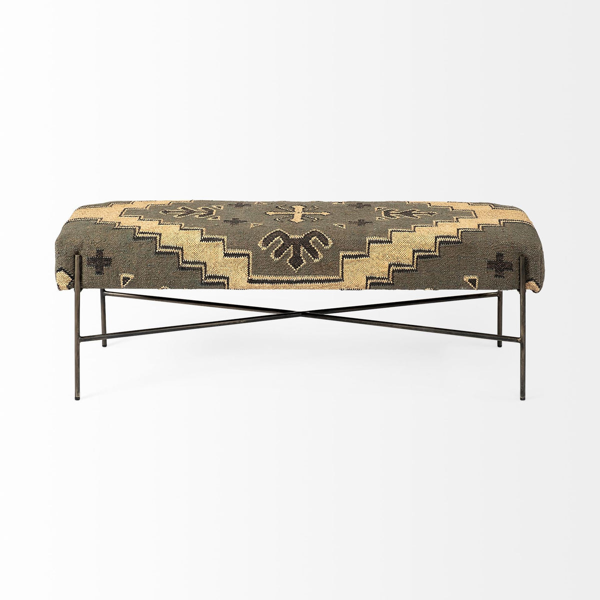 55" Green Brown and Black Upholstered Abstract Cotton Blend Bench HomeRoots
